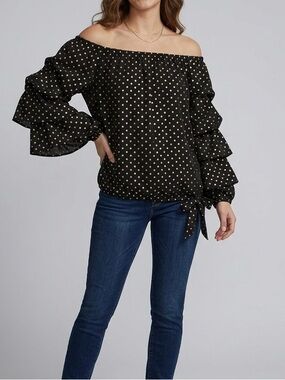 Vince Camuto, Black and Gold Polka Dot Off the Shoulder Blouse, Size XL NWT
